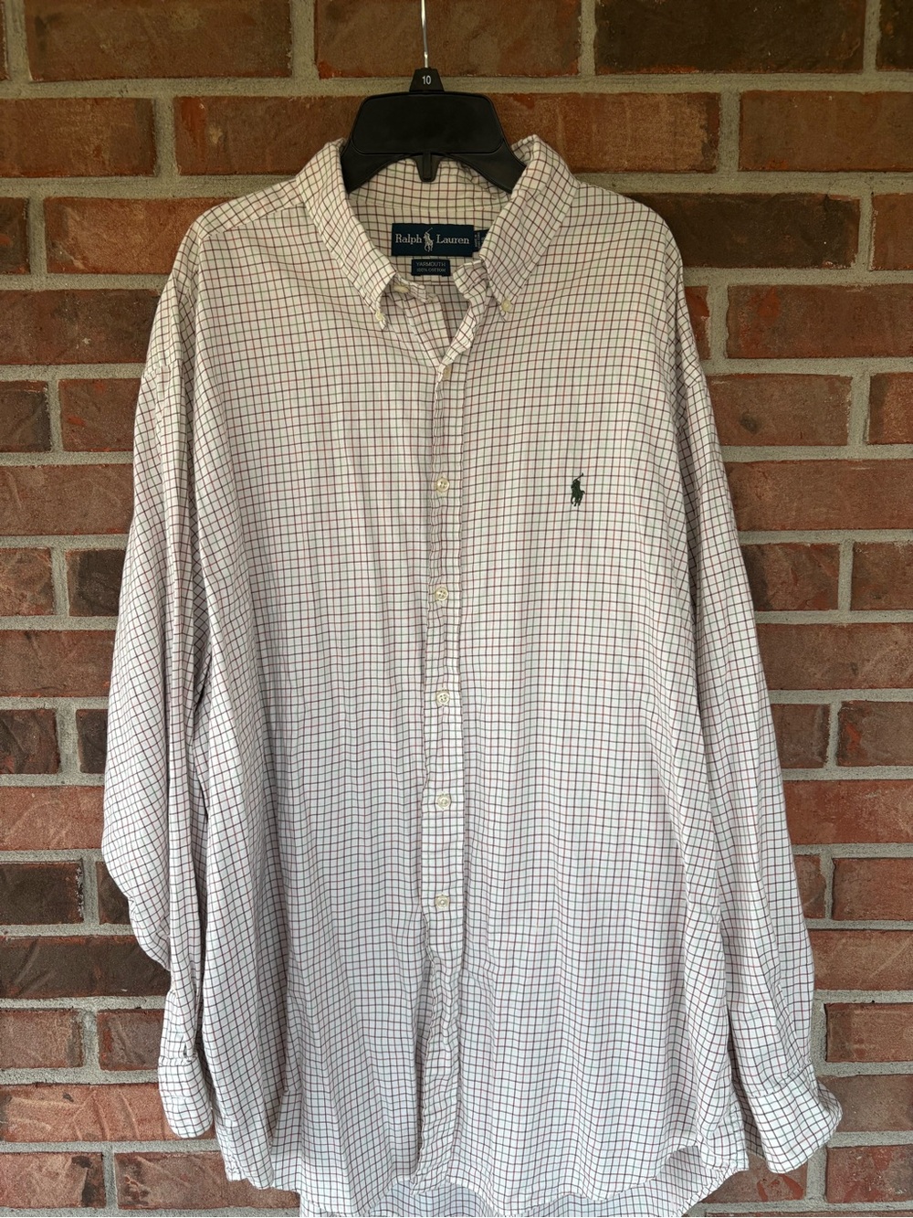 Ralph Lauren White Button-Down Shirt with Green Polo Logo and Subtle Red Check